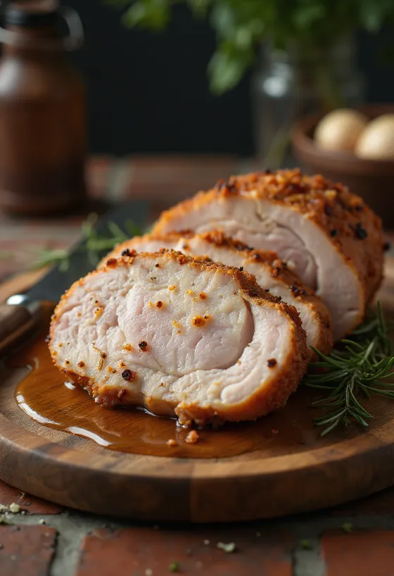 Golden brown roast pork with crispy crust and juicy interior.