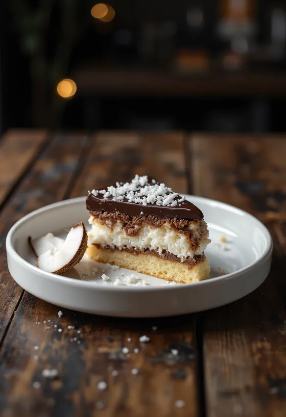 Coconut chocolate cake decorated with shredded coconut