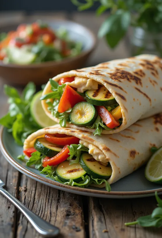 Grilled vegetable wrap with hummus and arugula