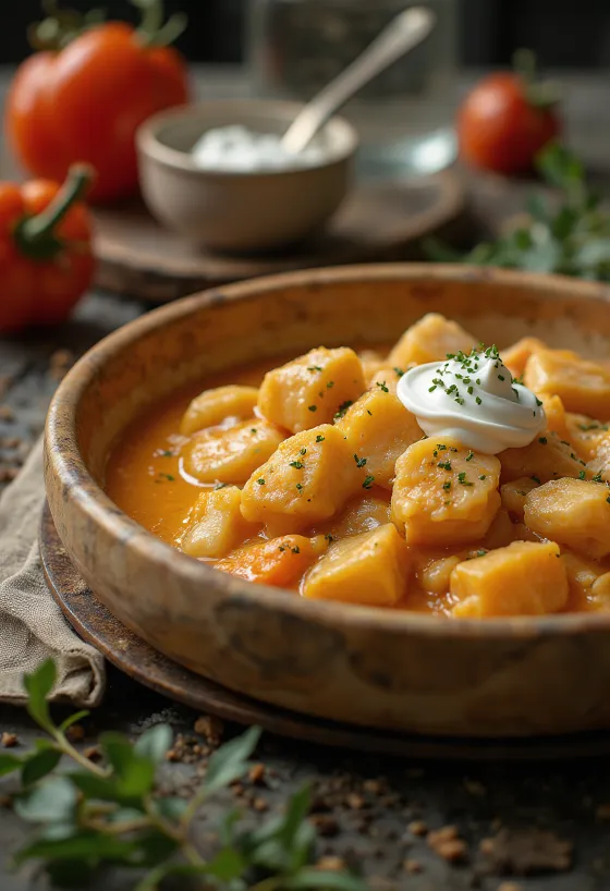 Catfish paprikash served with pasta
