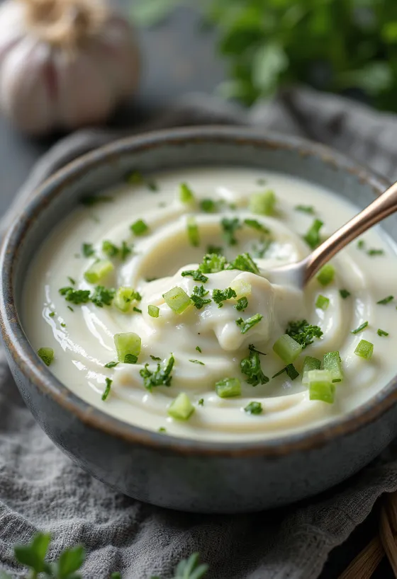 Creamy garlic dill sauce in a bowl, garnished with fresh dill and lemon.
