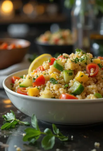 Fresh couscous salad served with colorful vegetables and herbs.