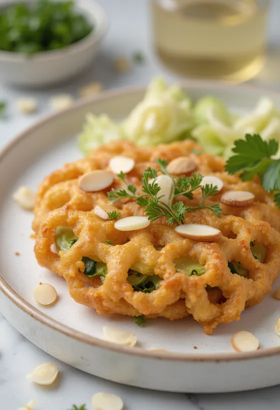 Almond Kakiage, crispy Korean vegetable fritters with sliced almonds