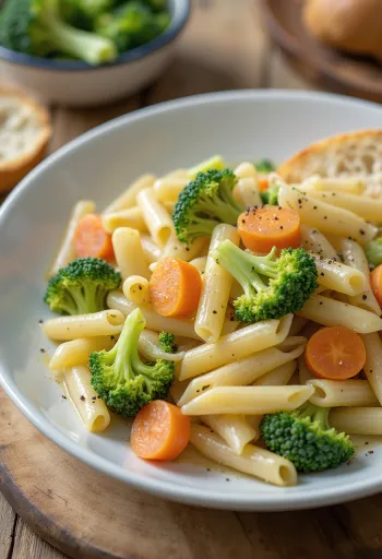 Creamy pasta with broccoli and carrots served in a bowl