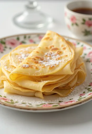 Fresh crepes fried golden brown, dusted with powdered sugar.