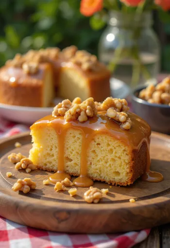Crunchy Caramel Cake topped with toasted walnuts