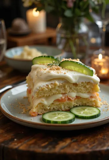 Smörgåstårta decorated with cucumber slices and fresh dill
