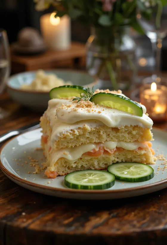 Smörgåstårta decorated with cucumber slices and fresh dill