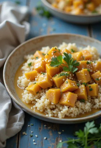 Quinoa curry with squash and tahini sauce