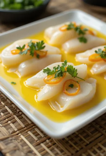 Peruvian Tiradito raw fish with yellow aji amarillo sauce
