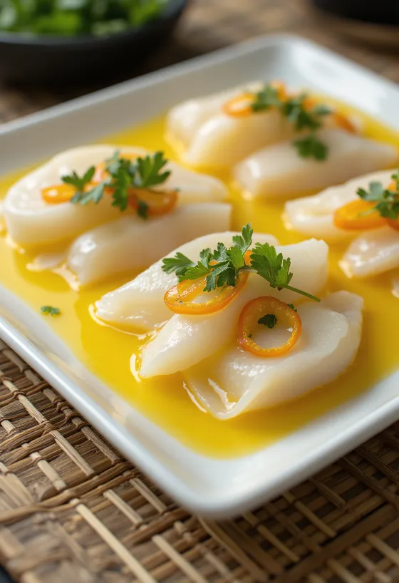 Peruvian Tiradito raw fish with yellow aji amarillo sauce