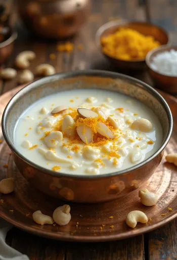 Coconut Basundi garnished with almonds and saffron