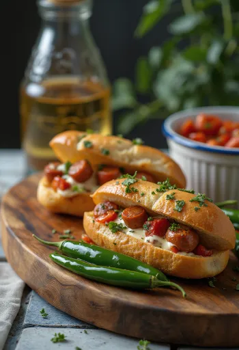 Choripán with spicy peppers, served fresh