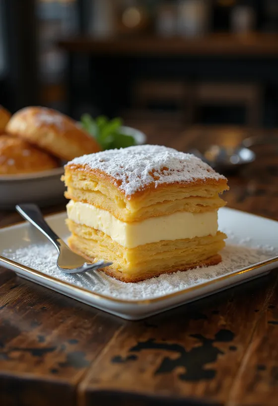 Hungarian vanilla slice dusted with powdered sugar