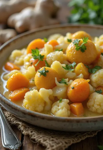Bengali Shukto curry with potatoes, bitter melon, and green beans in a creamy sauce