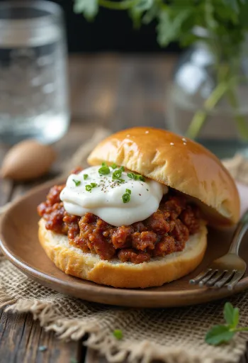 Sloppy Joe sandwich topped with creamy Greek yogurt