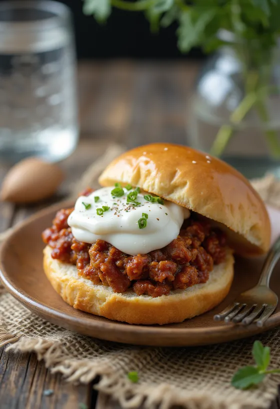 Sloppy Joe sandwich topped with creamy Greek yogurt