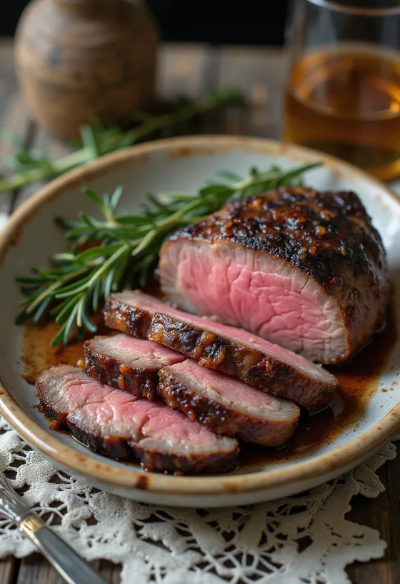 Smoked Venison Steak served with roasted vegetables