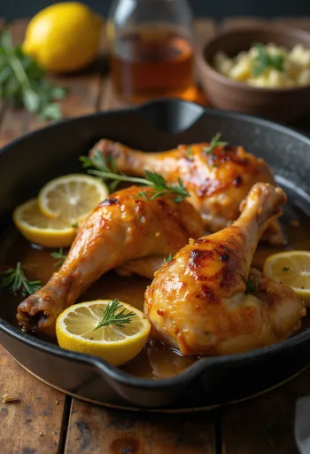 Roasted chicken thighs baked golden brown with crispy skin and garnished with fresh herbs