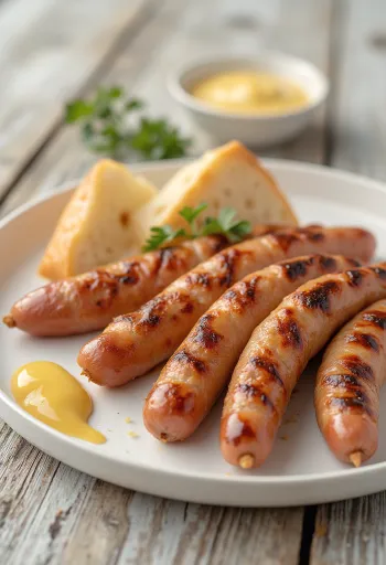 Golden brown fried frankfurters with crispy skin, served with mustard and fresh bread.
