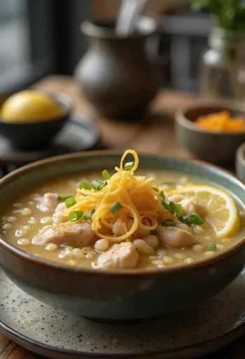 Bowl of Chicken Arroz Caldo topped with garlic and egg