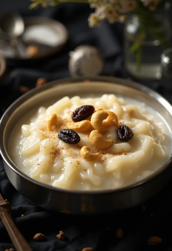 Aval payasam served with grated coconut and garnished with raisins