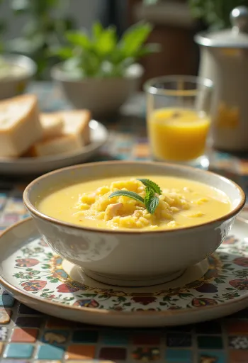 Creamy yellow lemon chicken soup garnished with fresh dill