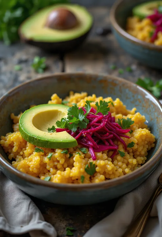 Avocado quinoa curry Buddha bowl with beets