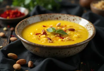 Golden Saffron Basundi in a bowl with pistachios