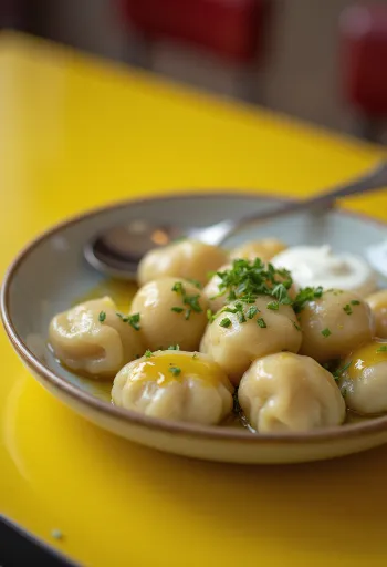 Boiled chuchvara dumplings sprinkled with cilantro, served with yogurt sauce