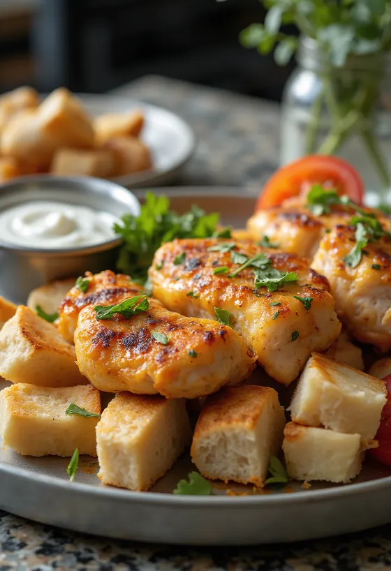 Chicken Iskender Kebab served with yogurt garlic sauce and toasted pita.