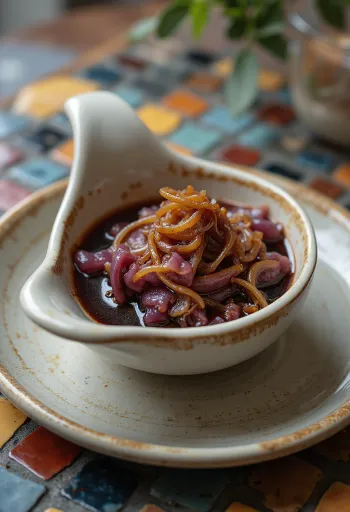 Caramelized onion red wine sauce served in a gravy boat