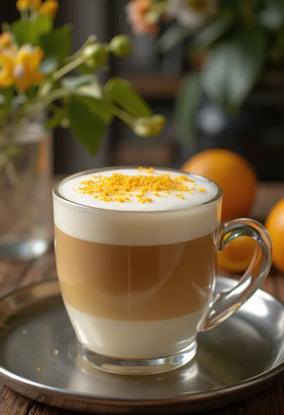 Orange vanilla latte with whipped cream and zest