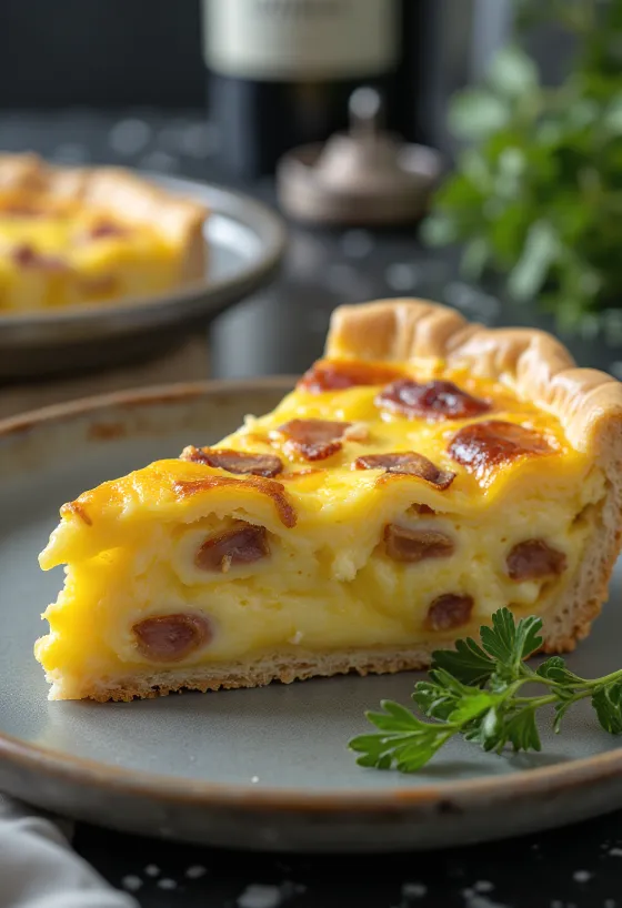 Classic Quiche Lorraine in crispy pastry with creamy filling, bacon, and cheese.