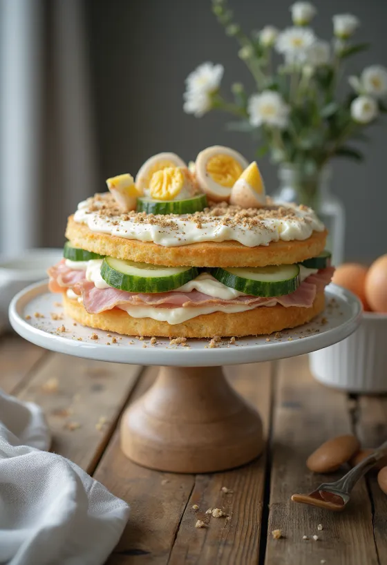 Smörgåstårta with ham and chicken served on a platter