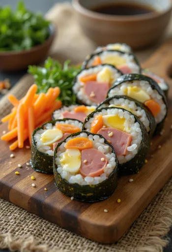Spam gimbap with fresh vegetable and rice filling