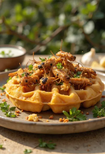 Savory waffle with roasted crickets and mealworms served with dip