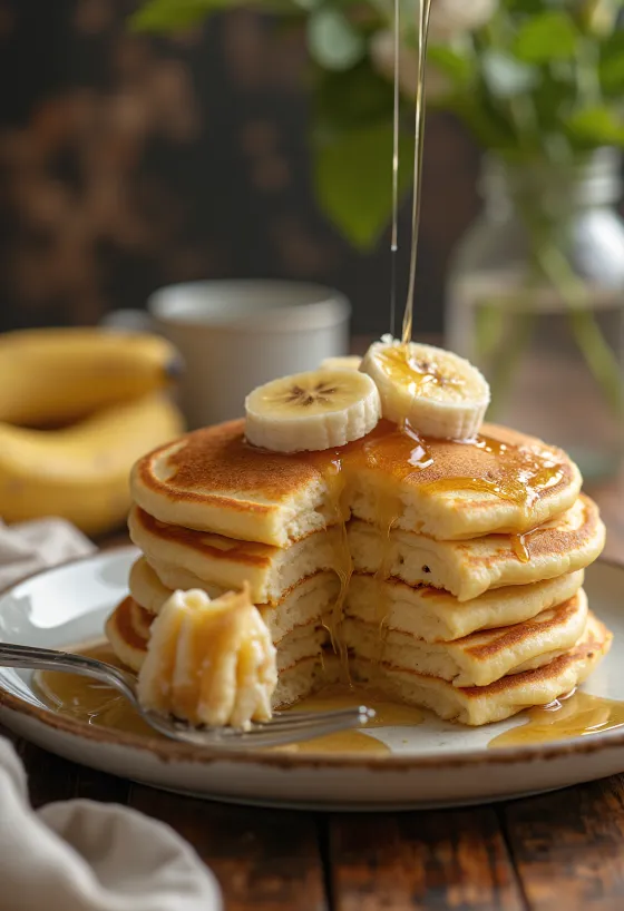 Banana pancakes served with fresh fruit and honey.