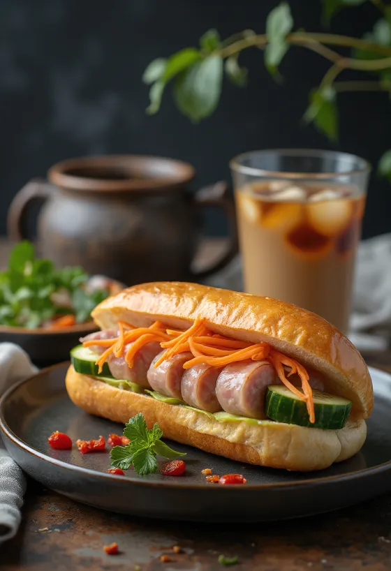 Bánh Mì Chả Lụa Vietnamese ham sandwich served with fresh vegetables and cilantro.