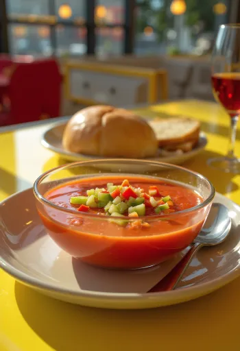Fresh gazpacho served ice cold, garnished with chopped vegetables