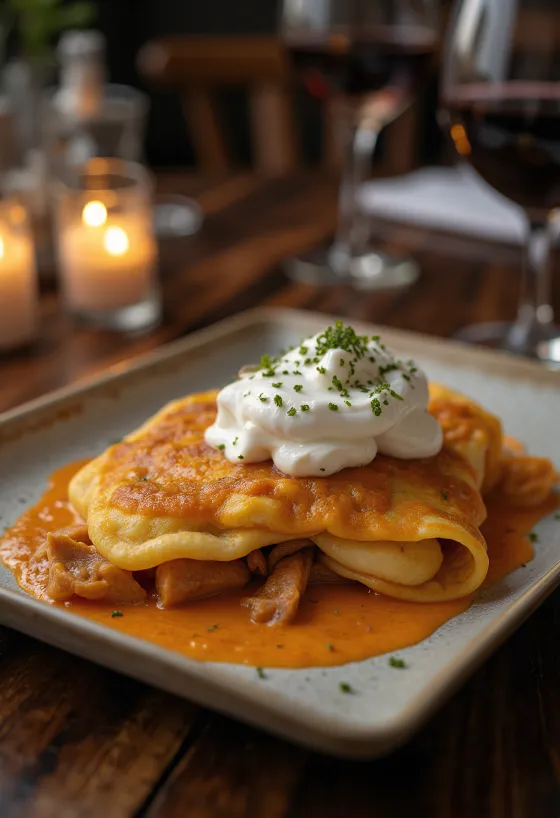 Hortobagy meat crepes served with sour cream and fresh parsley.