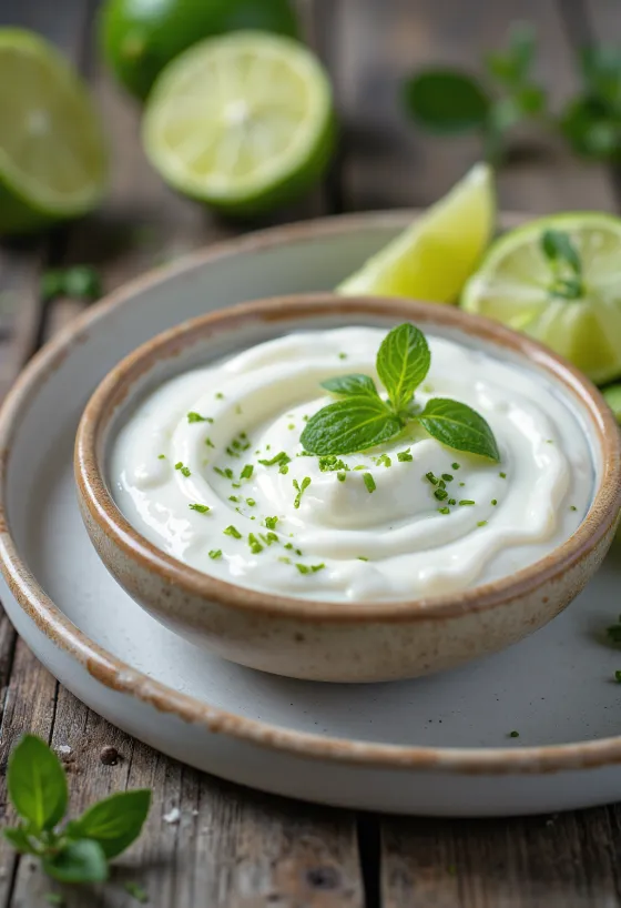 Cilantro lime yogurt dip served in a bowl with fresh cilantro and lime slices.