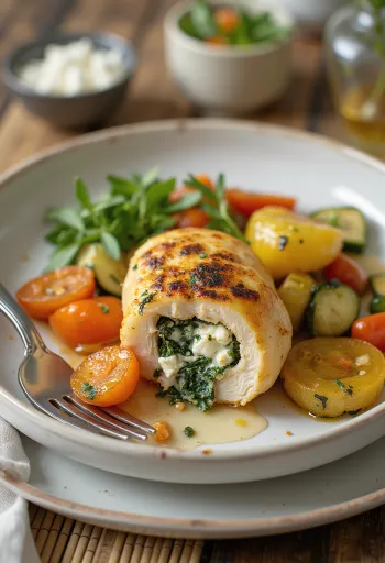 Stuffed chicken breast with roasted vegetables served