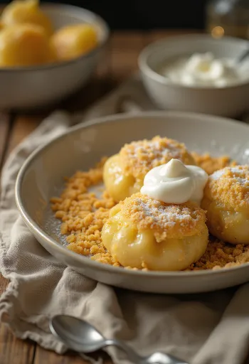 Sweet cheese dumplings in breadcrumbs with sour cream