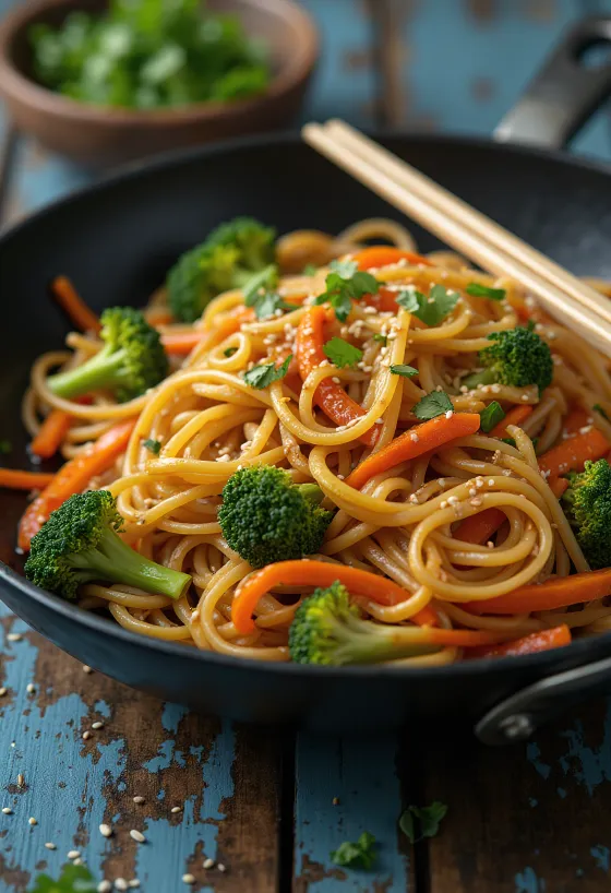 Vegetable stir-fry noodles served in a bowl