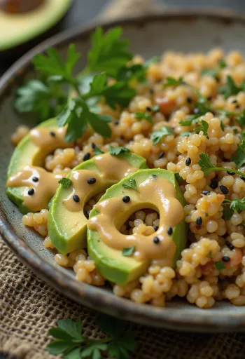 Avocado quinoa bowl drizzled with curry tahini sauce