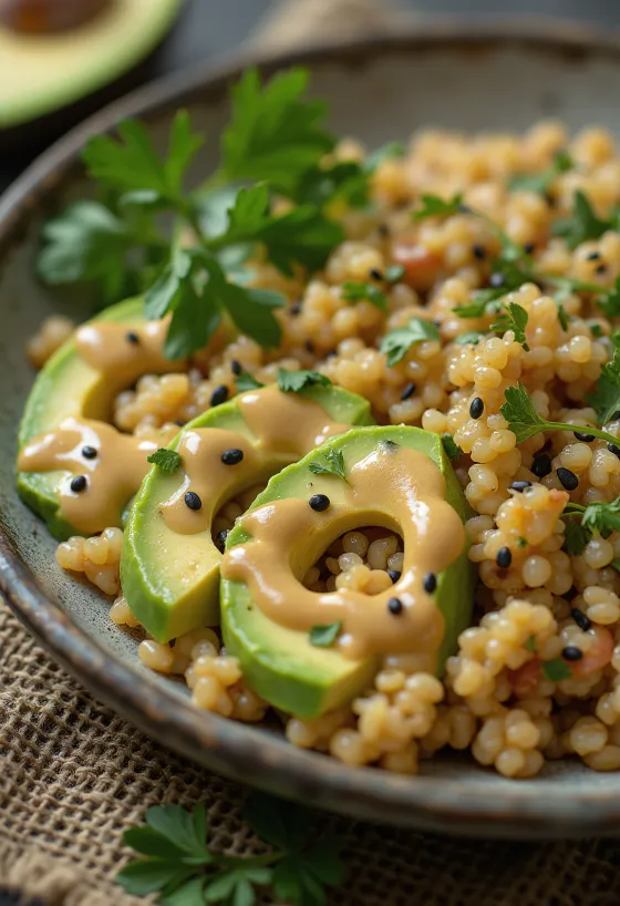 Avocado quinoa bowl drizzled with curry tahini sauce