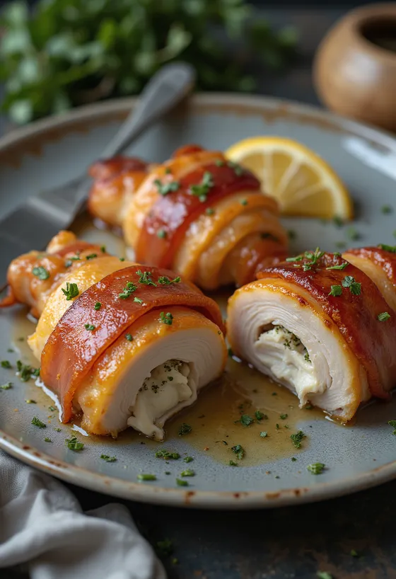 Bacon wrapped chicken breast served with vegetables