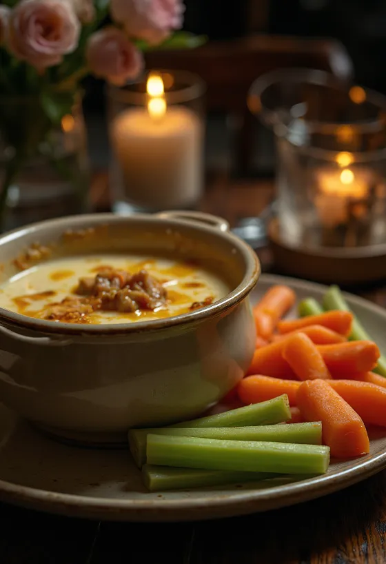 Warm Bagna Cauda dip served in a fondue pot with fresh vegetables