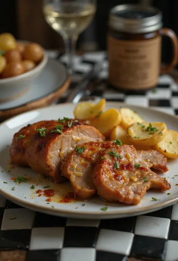 Garlic roasted pork shoulder steaks baked crispy, served with fresh herbs